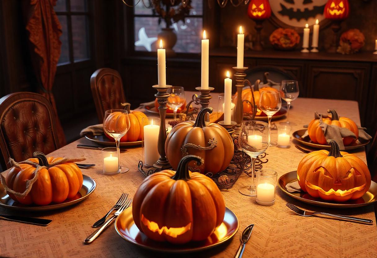 Spooky halloween table with pumpkins and candles Spooky halloween table with pumpkins and candles