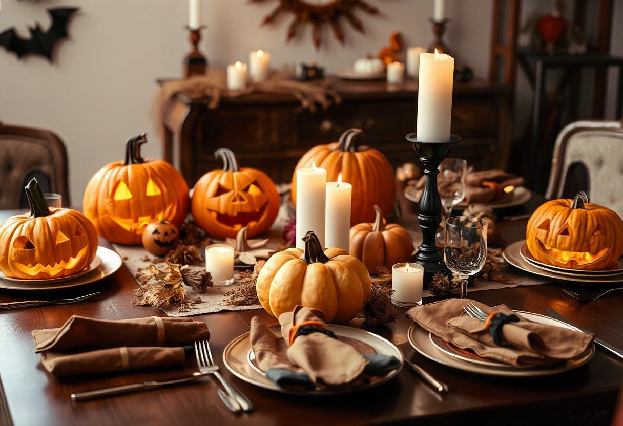 A festive halloween dinner table with pumpkins and candles A festive halloween dinner table with pumpkins and candles