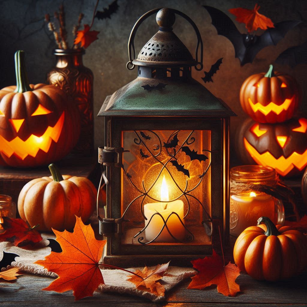 A lantern with a candle glows beside carved pumpkins A lantern with a candle glows beside carved pumpkins