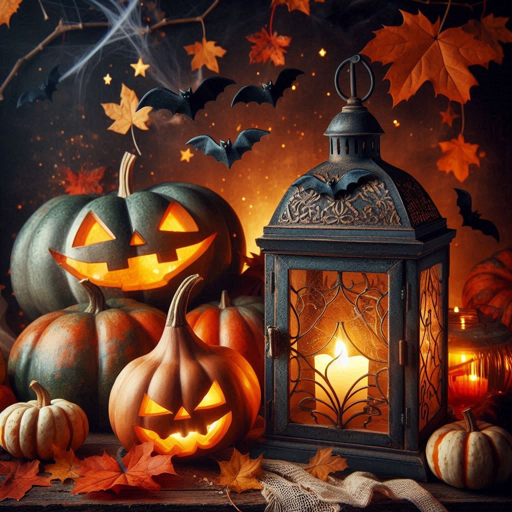 Jack-o'-lanterns set a spooky halloween scene Jack-o'-lanterns set a spooky halloween scene