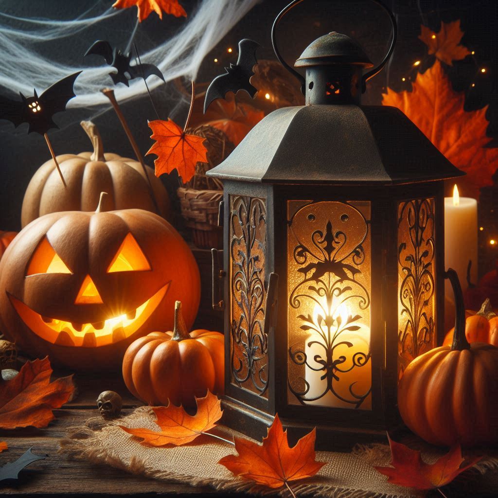 A jack-o'-lantern next to a lantern on a table A jack-o'-lantern next to a lantern on a table