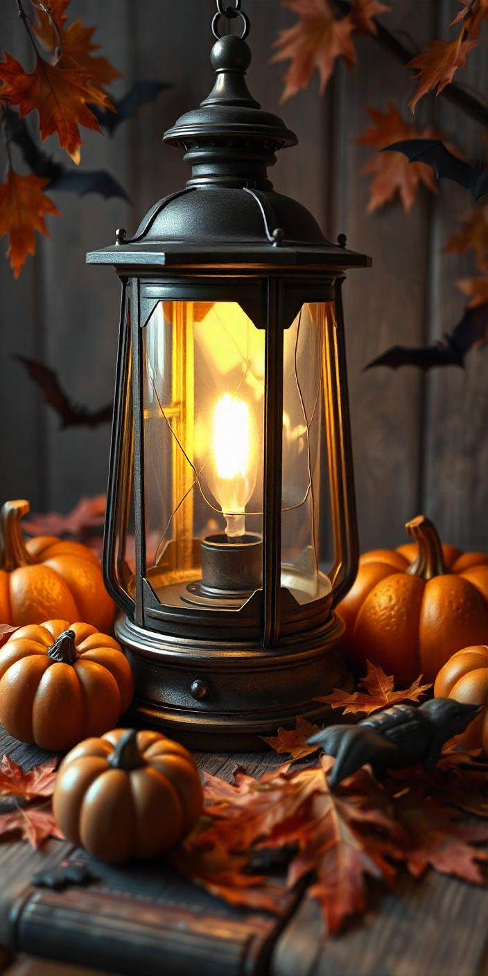 A lantern illuminates a fall scene with pumpkins and leaves A lantern illuminates a fall scene with pumpkins and leaves