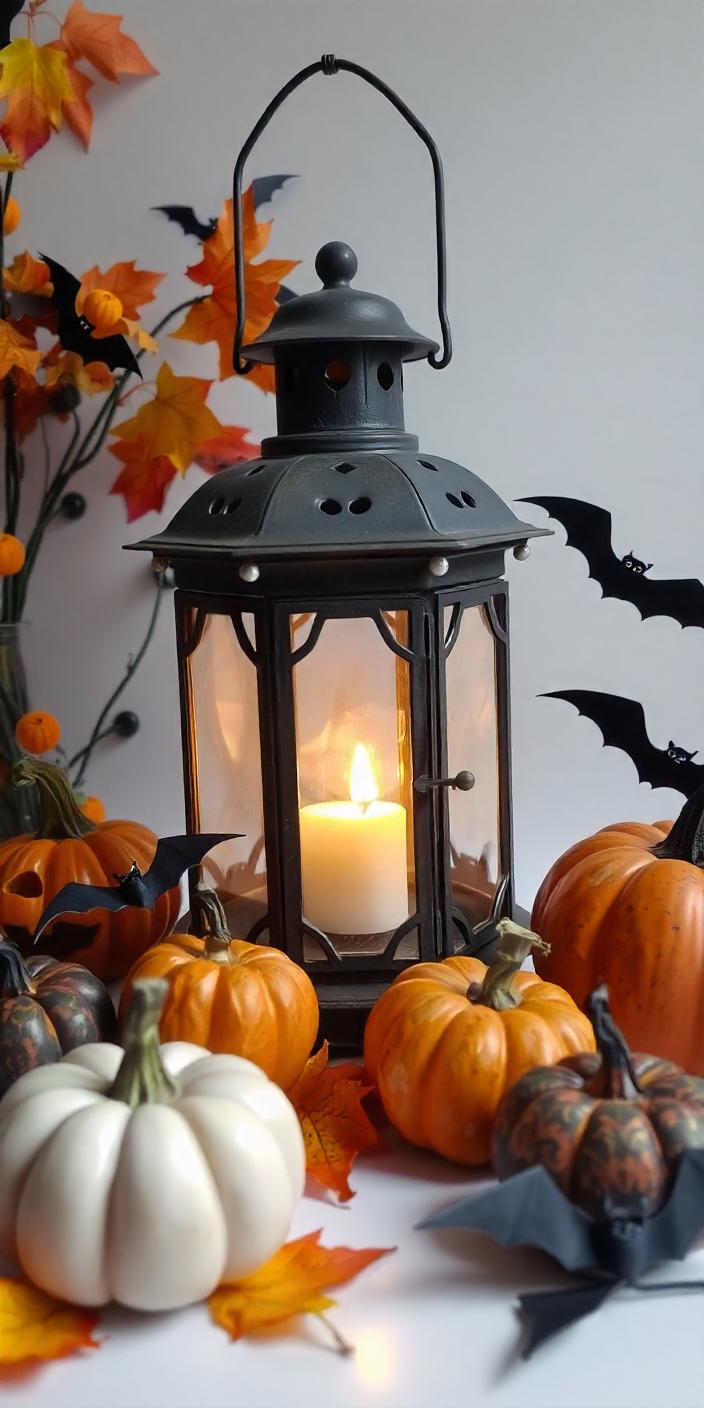A lantern glows beside pumpkins and bats A lantern glows beside pumpkins and bats