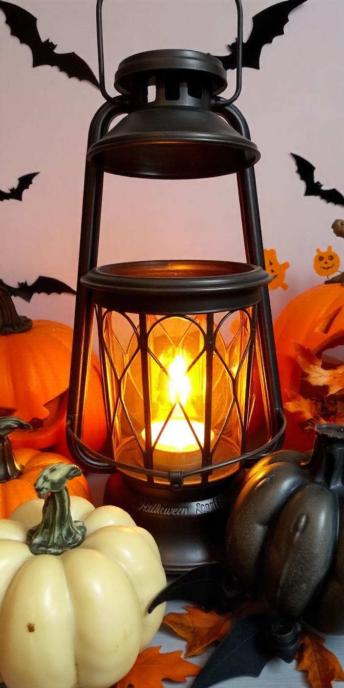 A black lantern with a candle among pumpkins and bats A black lantern with a candle among pumpkins and bats
