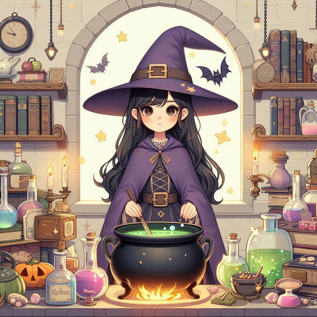 A young witch brews magic in her cauldron A young witch brews magic in her cauldron
