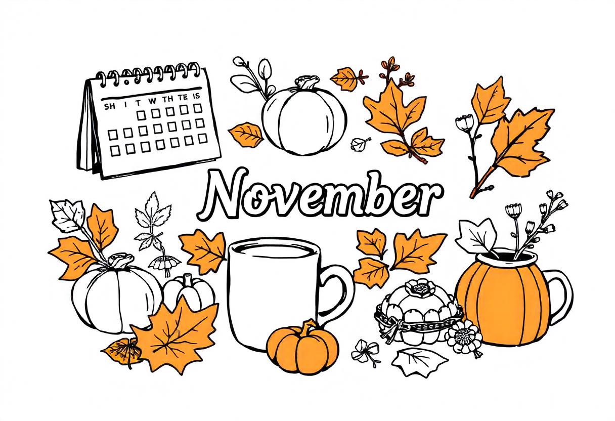 November calendar with pumpkins, leaves, coffee mug November calendar with pumpkins, leaves, coffee mug