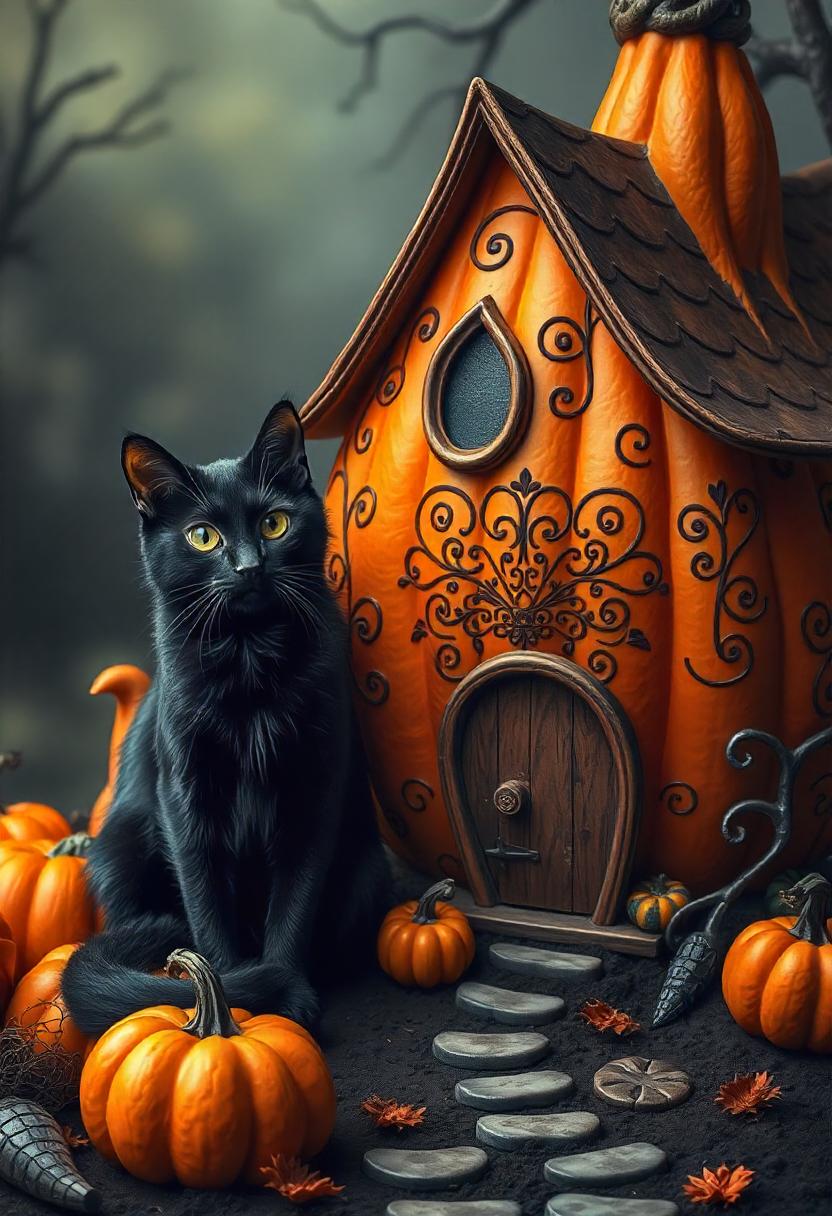 A black cat sits in front of a pumpkin house A black cat sits in front of a pumpkin house