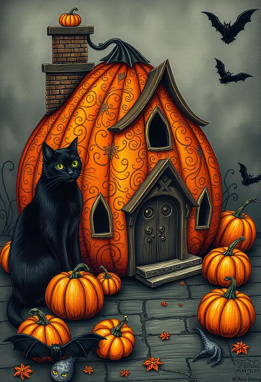 A black cat sits by a pumpkin house A black cat sits by a pumpkin house