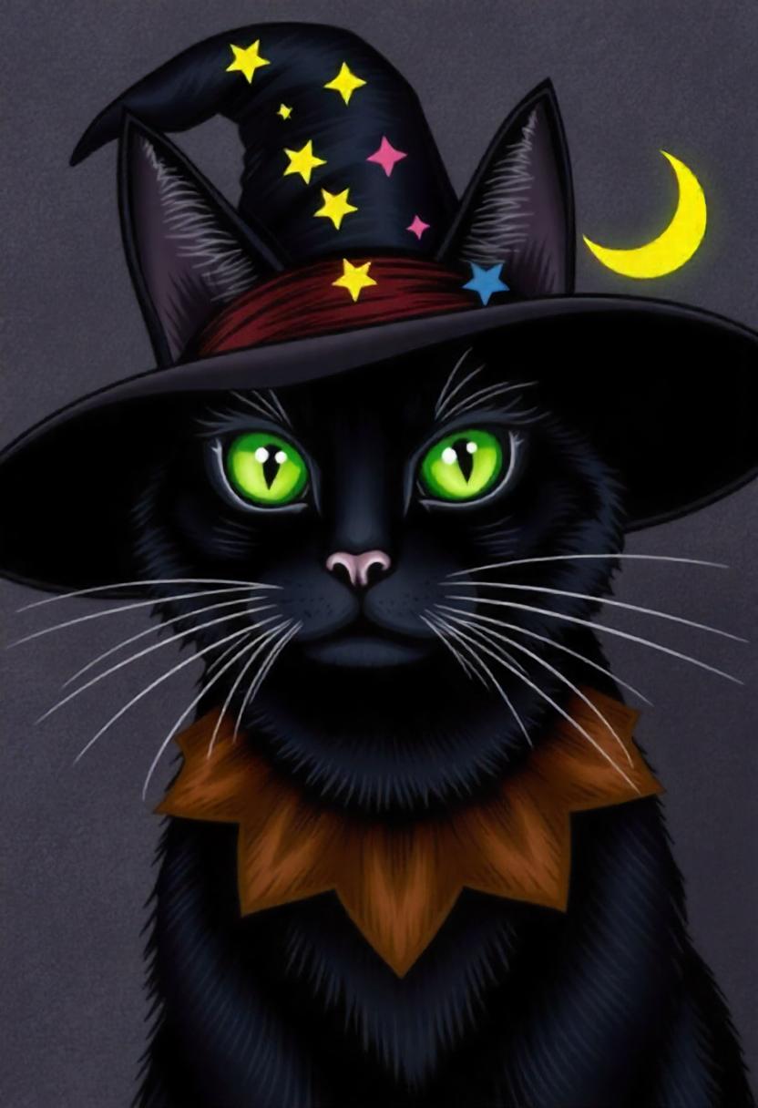 A black cat in a witch's hat stares at the camera A black cat in a witch's hat stares at the camera