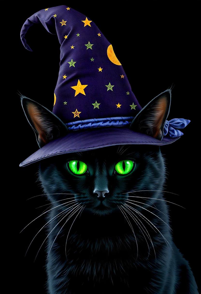 A black cat wearing a witch's hat with stars and a moon A black cat wearing a witch's hat with stars and a moon