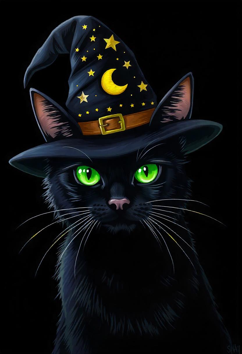Black cat in a witch's hat with stars and moon Black cat in a witch's hat with stars and moon