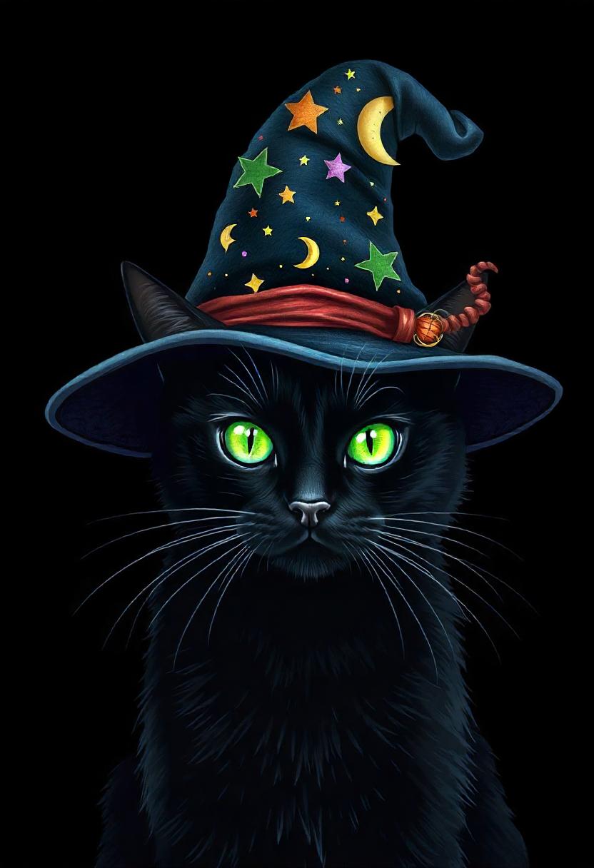 A black cat wearing a wizard hat with stars and moons A black cat wearing a wizard hat with stars and moons