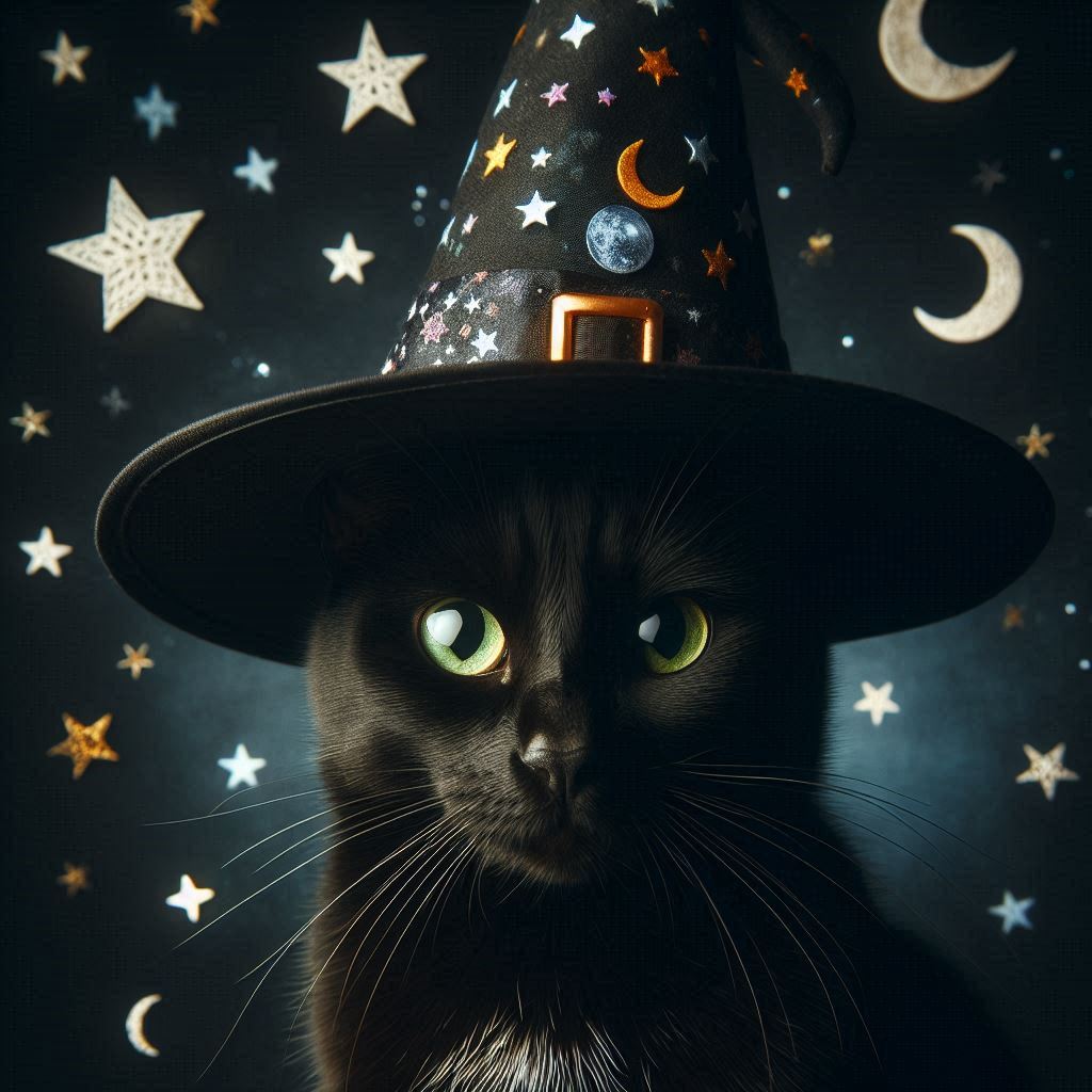 A black cat wears a witch's hat against a starry backdrop A black cat wears a witch's hat against a starry backdrop