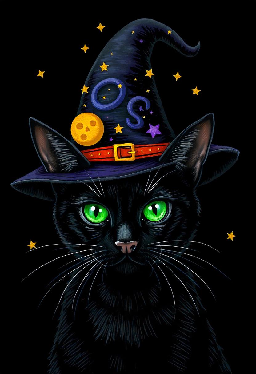 Black cat with green eyes in a witch's hat Black cat with green eyes in a witch's hat