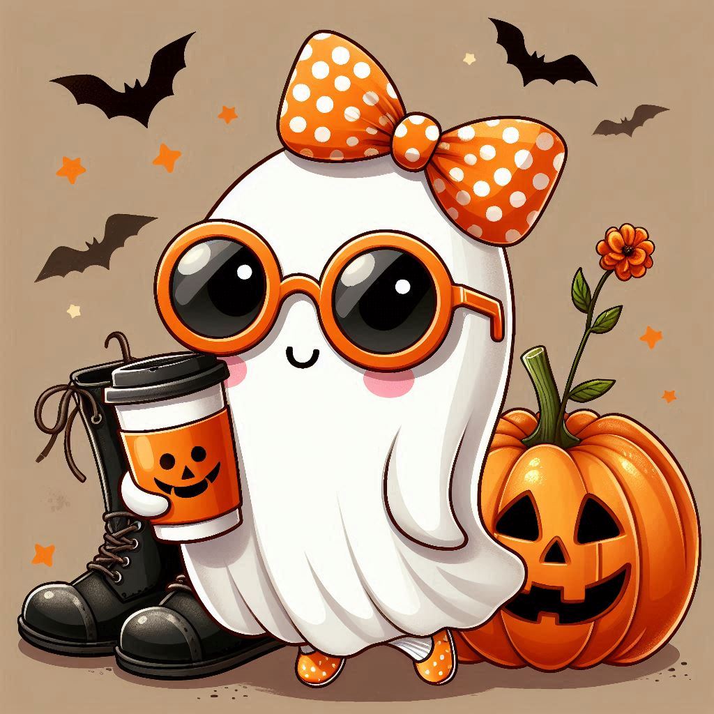 A cute ghost holds a pumpkin-themed coffee cup A cute ghost holds a pumpkin-themed coffee cup