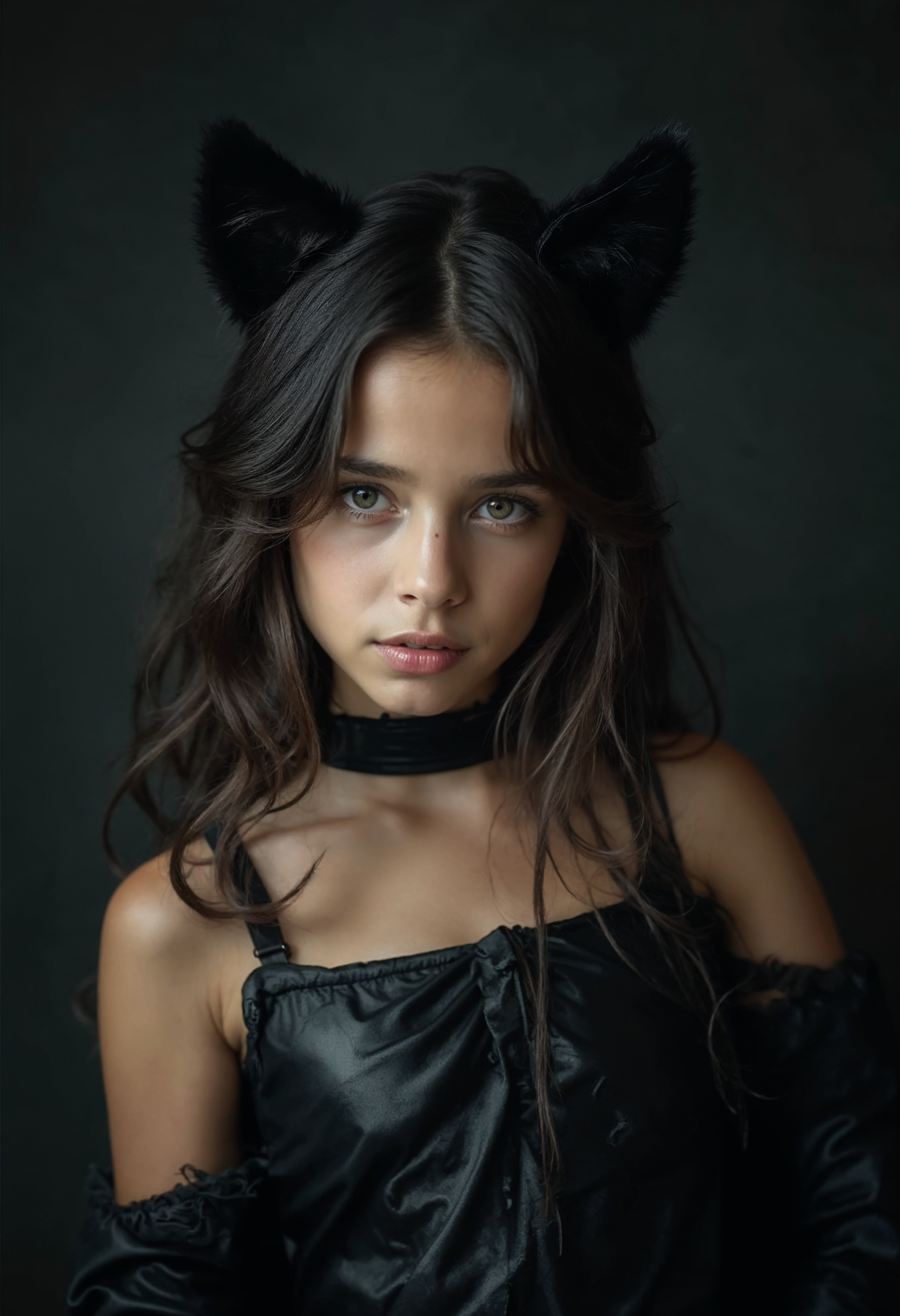 A young woman with cat ears looks directly at the camera A young woman with cat ears looks directly at the camera