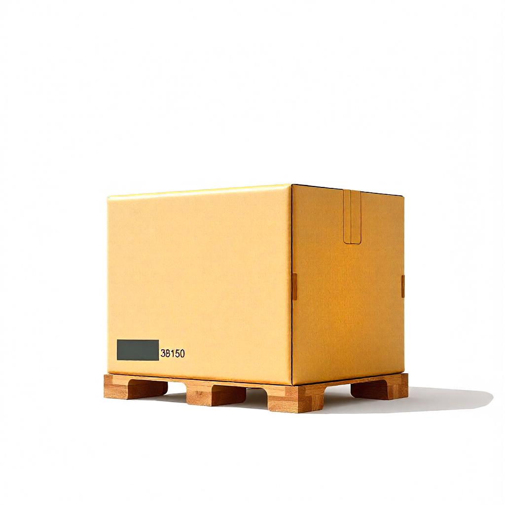 A cardboard box sits on a wooden pallet A cardboard box sits on a wooden pallet