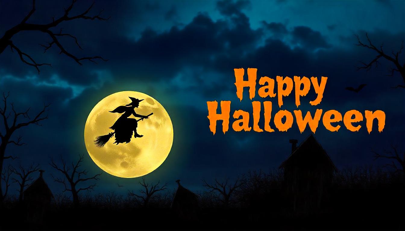 Witch on broomstick flies by full moon on halloween Witch on broomstick flies by full moon on halloween