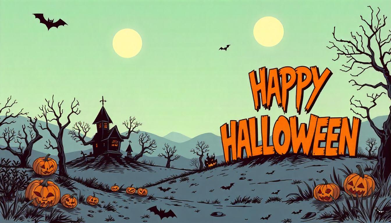 A cartoon illustration of a spooky halloween landscape A cartoon illustration of a spooky halloween landscape