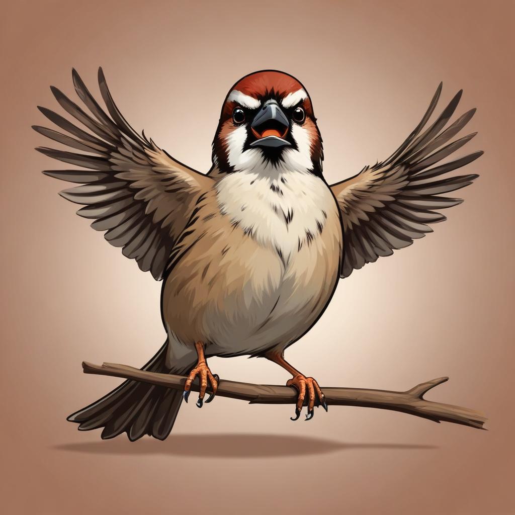 A sparrow with its wings spread perches on a branch A sparrow with its wings spread perches on a branch