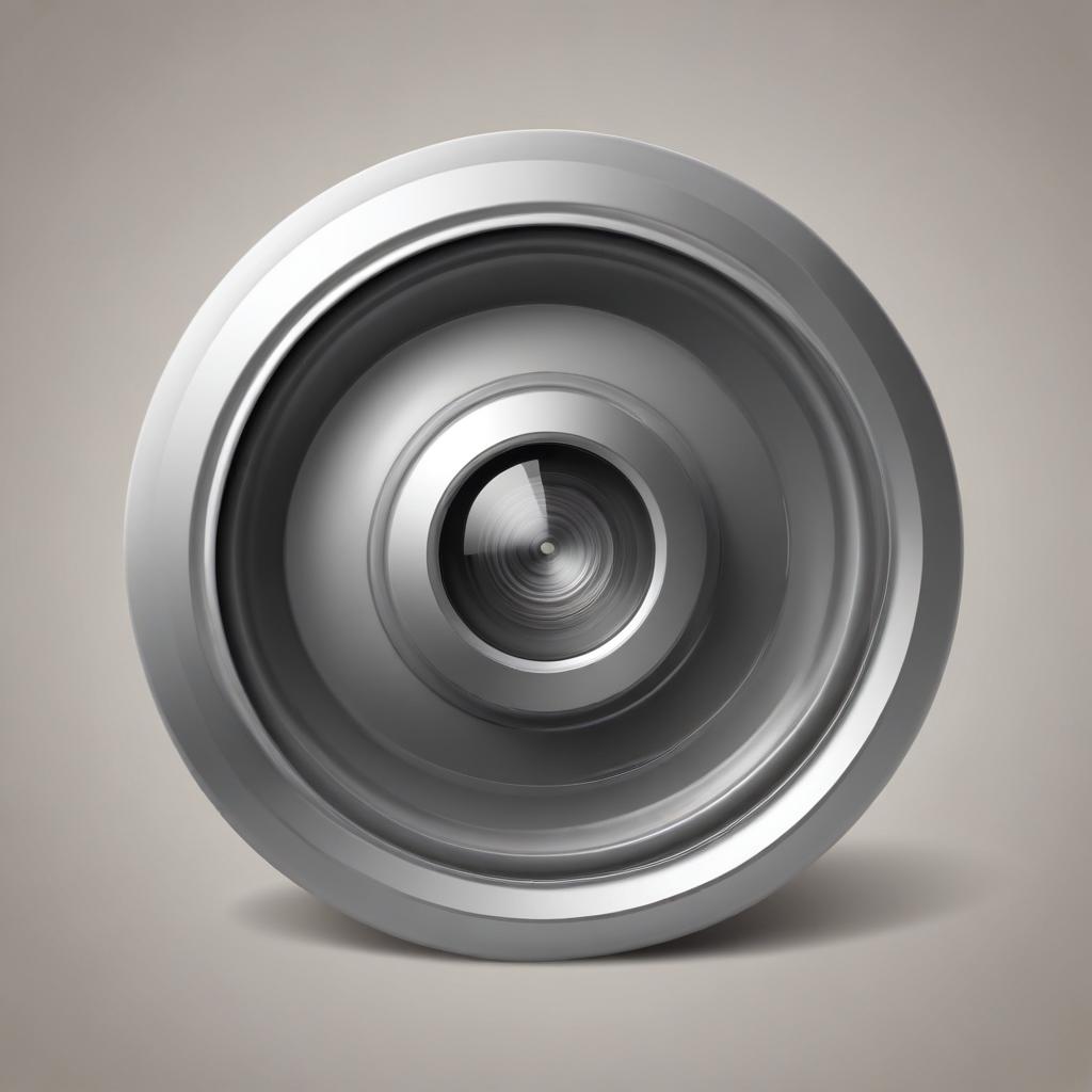 A silver camera lens sits on a gray background A silver camera lens sits on a gray background