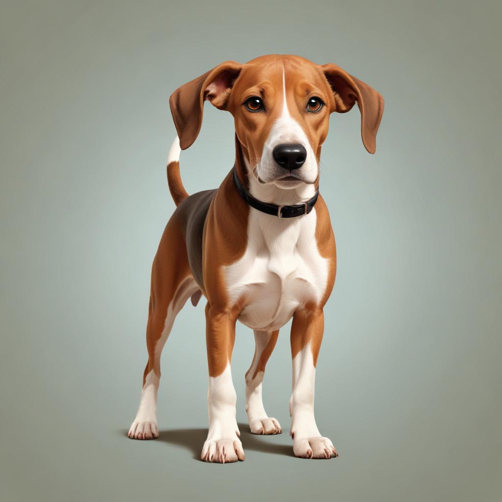 A brown and white dog stands on a light blue background A brown and white dog stands on a light blue background