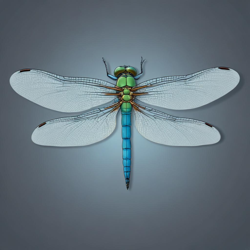 A green and blue dragonfly rests against a gray background A green and blue dragonfly rests against a gray background