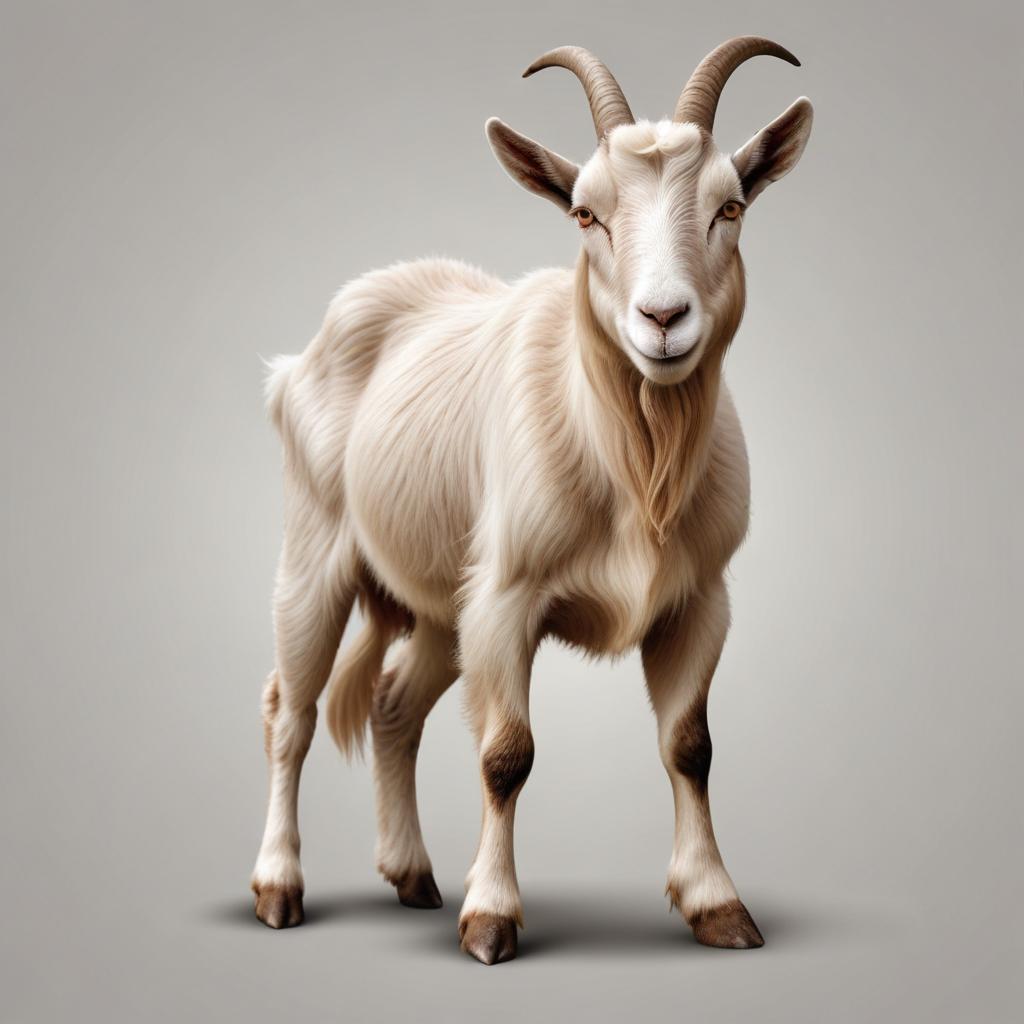 A white goat stands against a grey background A white goat stands against a grey background
