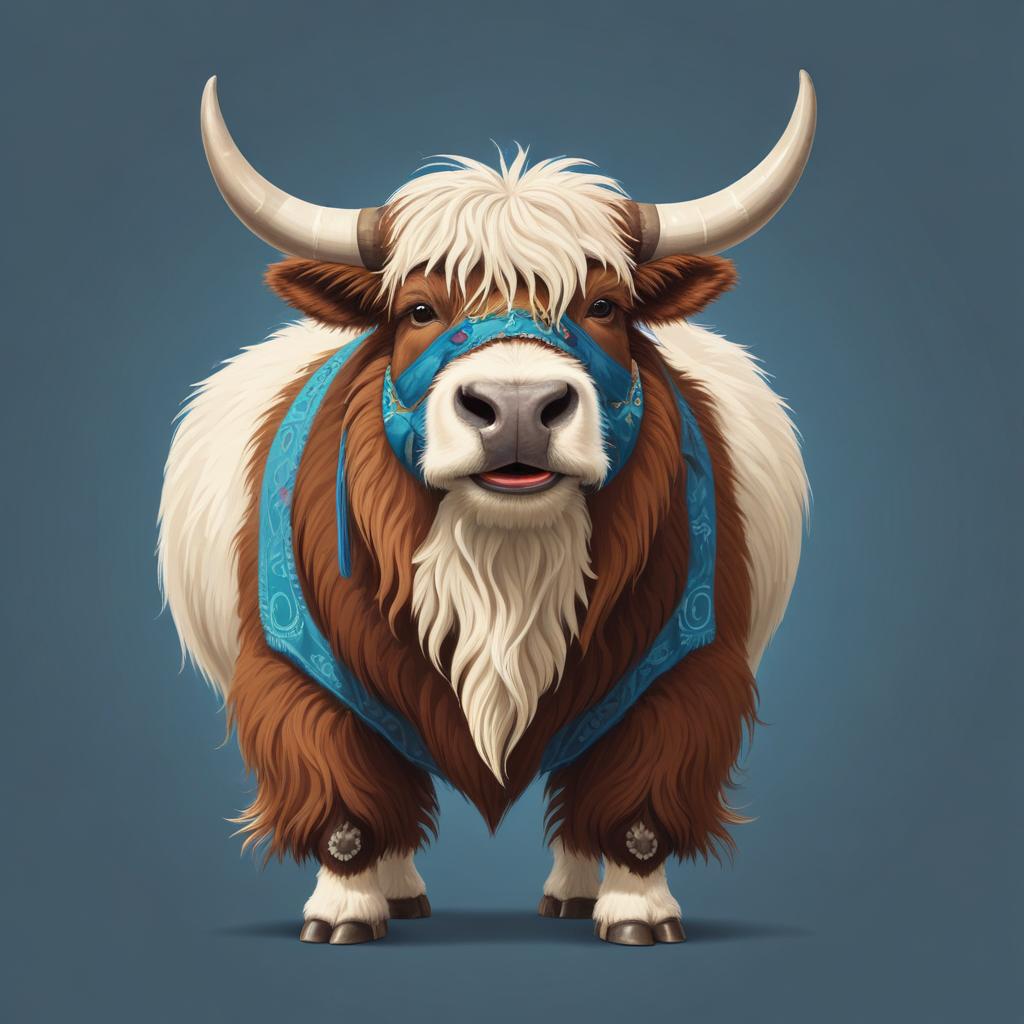 A furry yak stands in front of a blue background A furry yak stands in front of a blue background