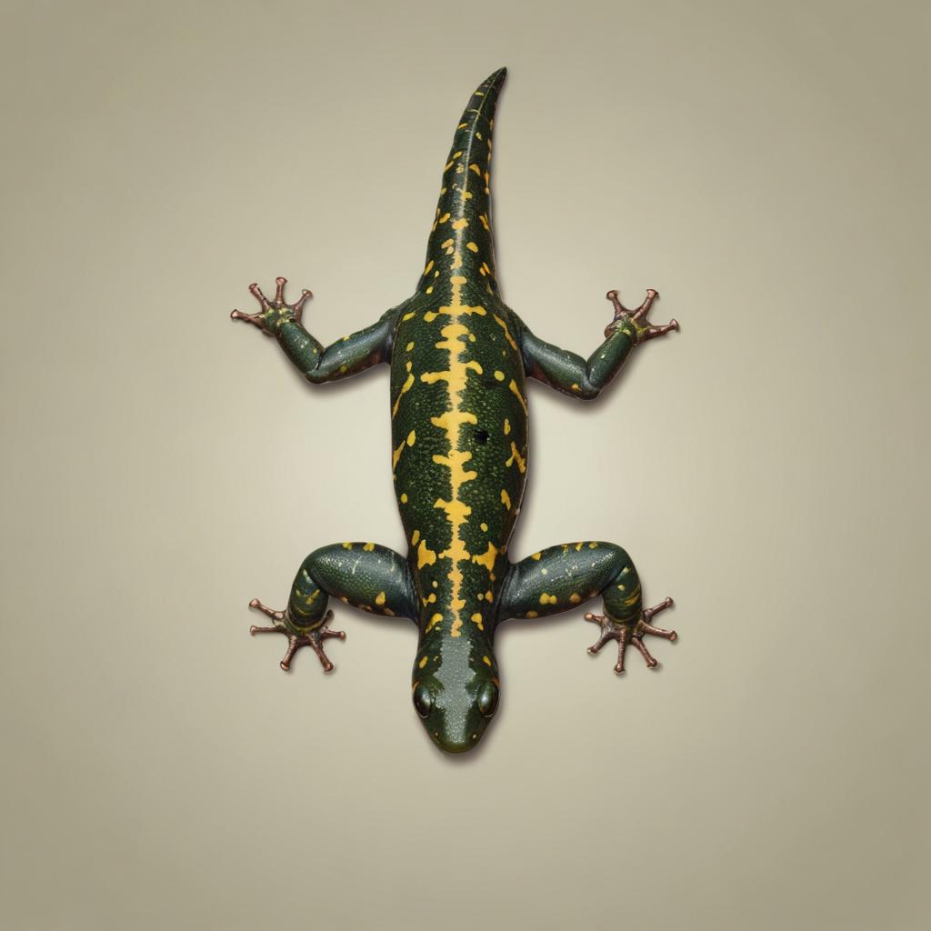 A black and yellow salamander rests on a neutral background A black and yellow salamander rests on a neutral background