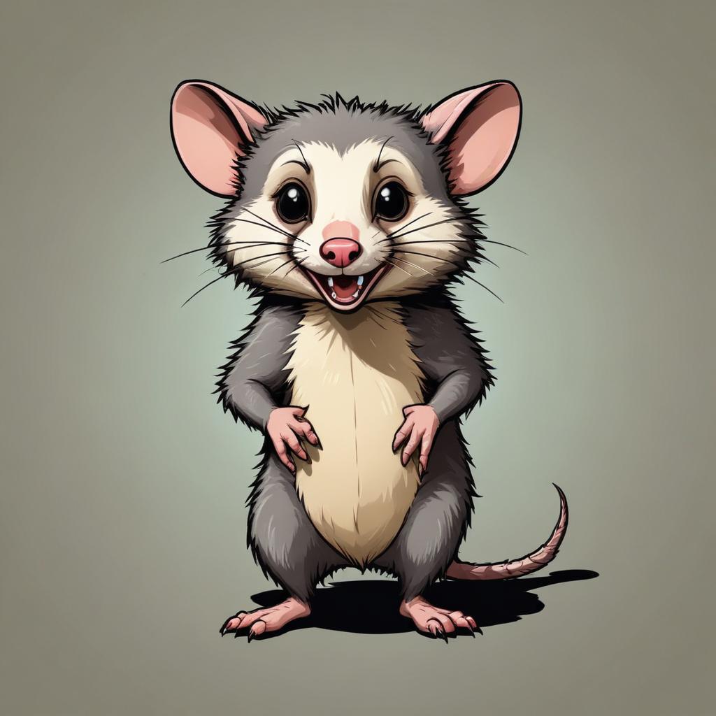 A smiling opossum stands on a gray background A smiling opossum stands on a gray background