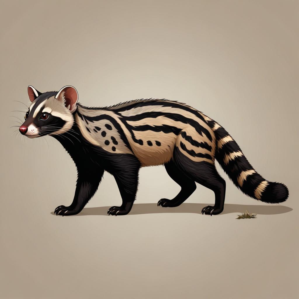 A striped civet walks on a beige background A striped civet walks on a beige background