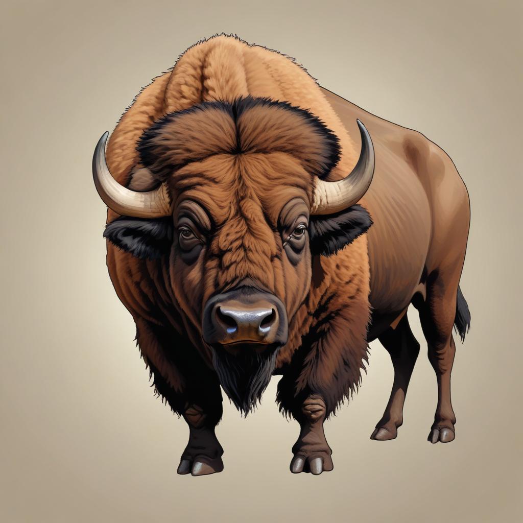 A brown bison stands facing the viewer A brown bison stands facing the viewer