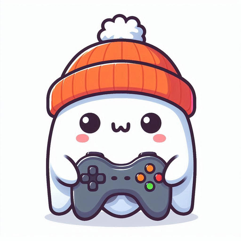 A cute ghost is wearing a red beanie and playing video games A cute ghost is wearing a red beanie and playing video games