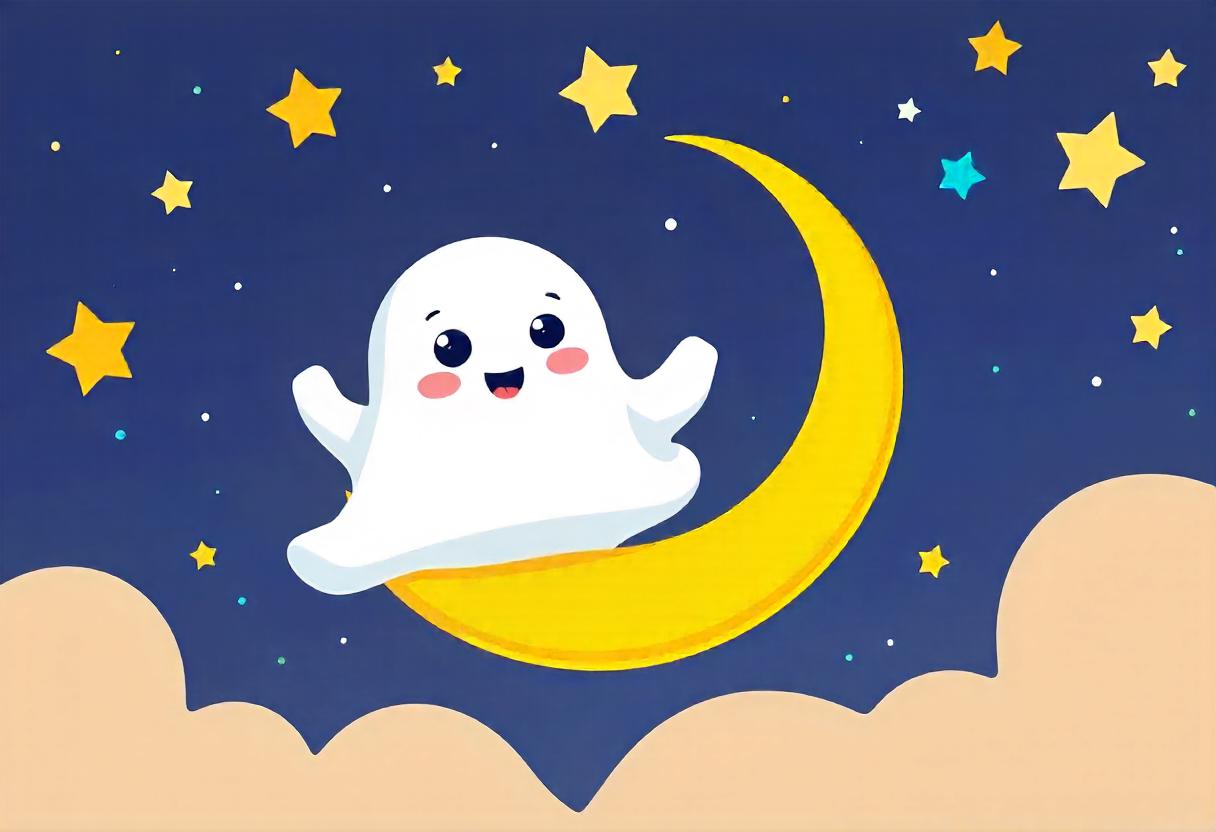 A joyful ghost rides the moon in a starry sky A joyful ghost rides the moon in a starry sky