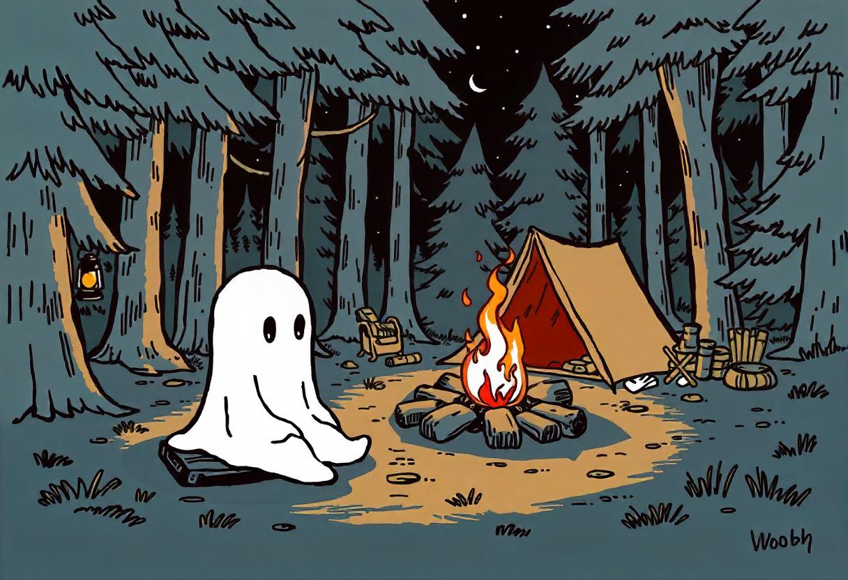 A ghost sits by a campfire in the woods at night A ghost sits by a campfire in the woods at night
