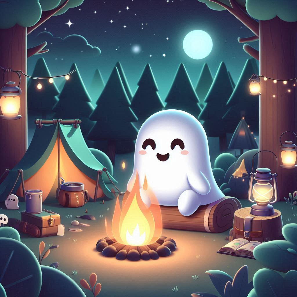 A friendly ghost enjoys a campfire in the woods at night A friendly ghost enjoys a campfire in the woods at night