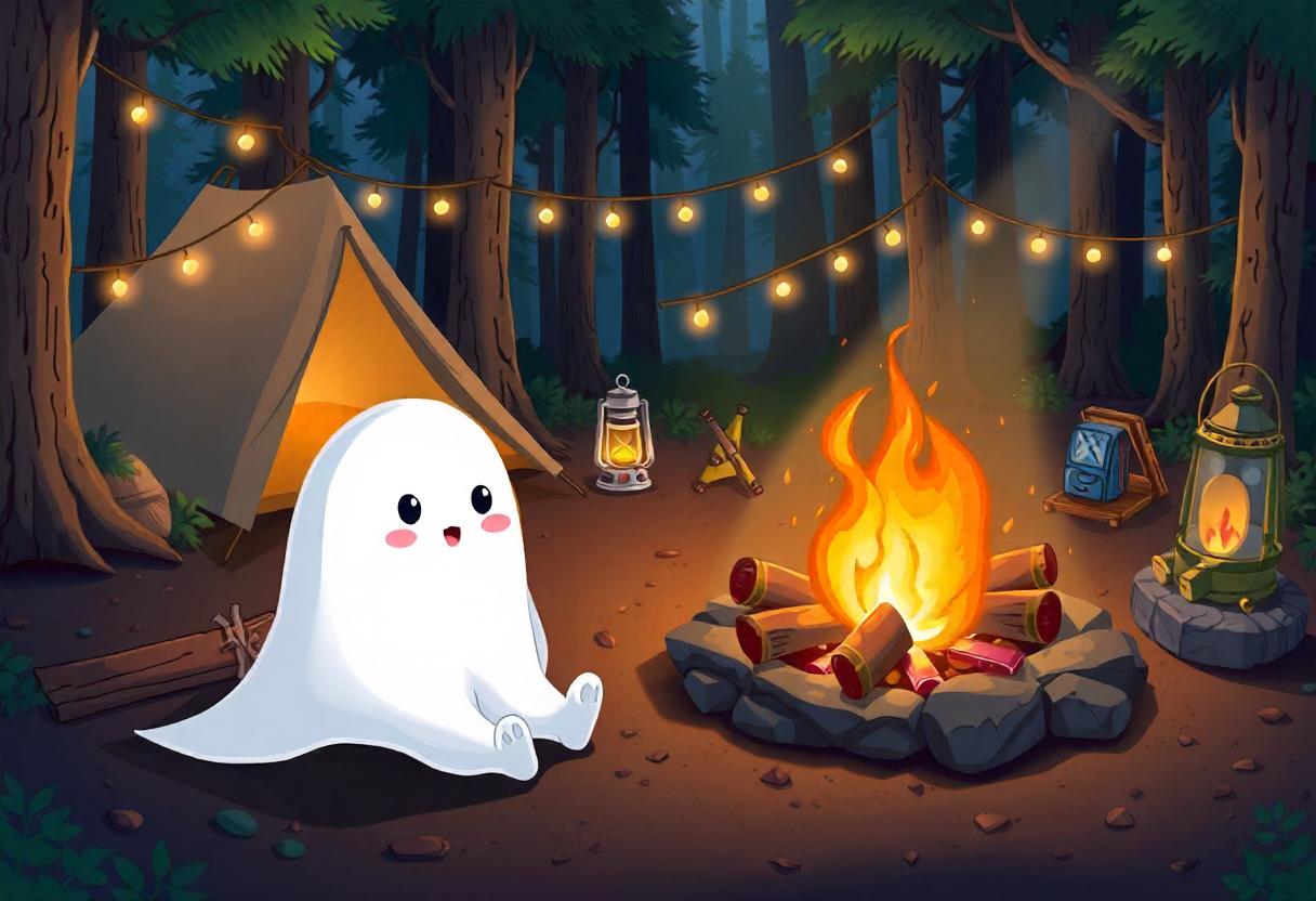 A happy ghost sits by a campfire in the woods A happy ghost sits by a campfire in the woods