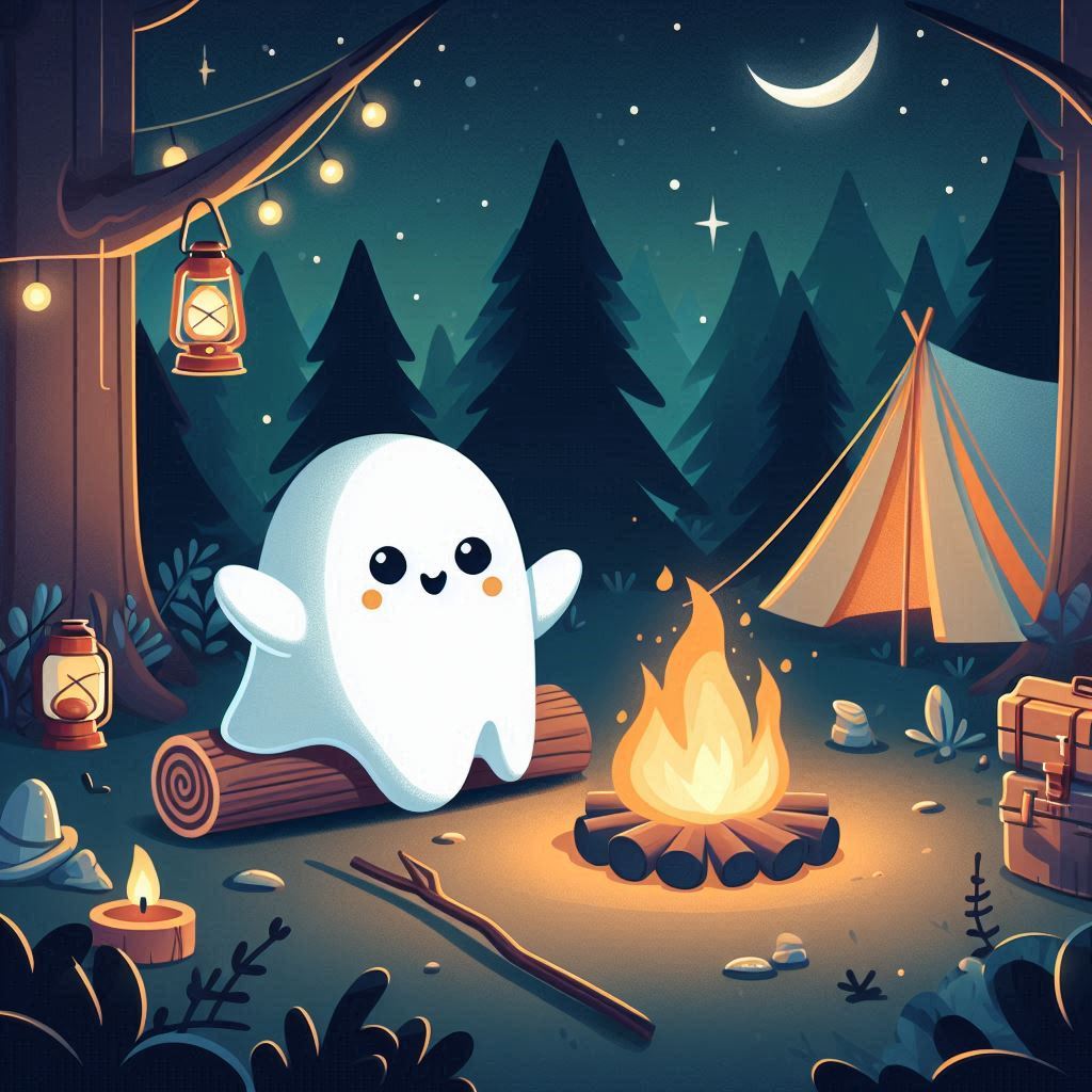 A friendly ghost enjoys a campfire in the woods at night A friendly ghost enjoys a campfire in the woods at night
