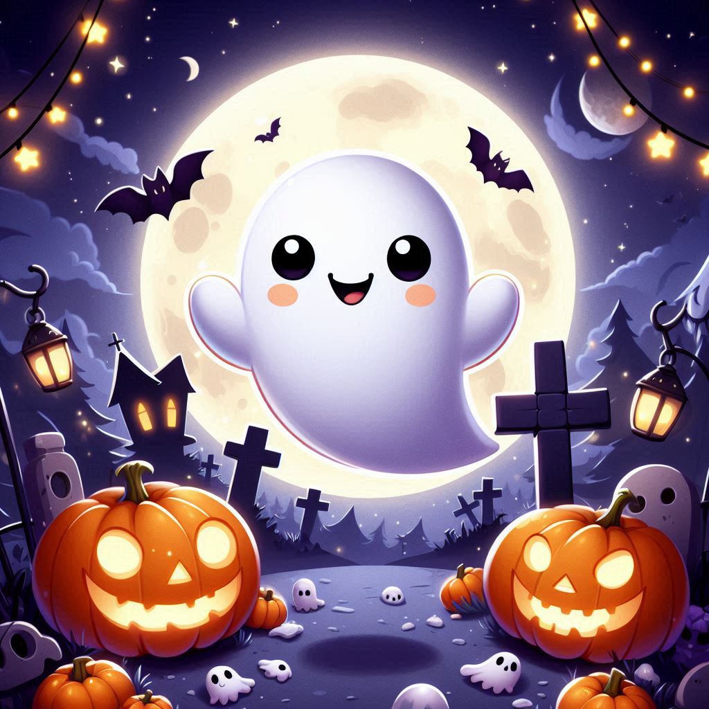 A ghost floats by the moon on halloween night A ghost floats by the moon on halloween night