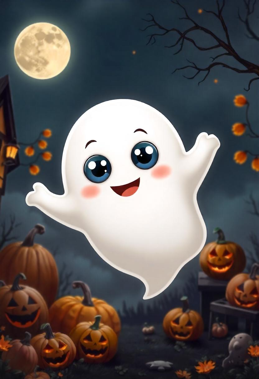 Ghost floats by the full moon on halloween Ghost floats by the full moon on halloween