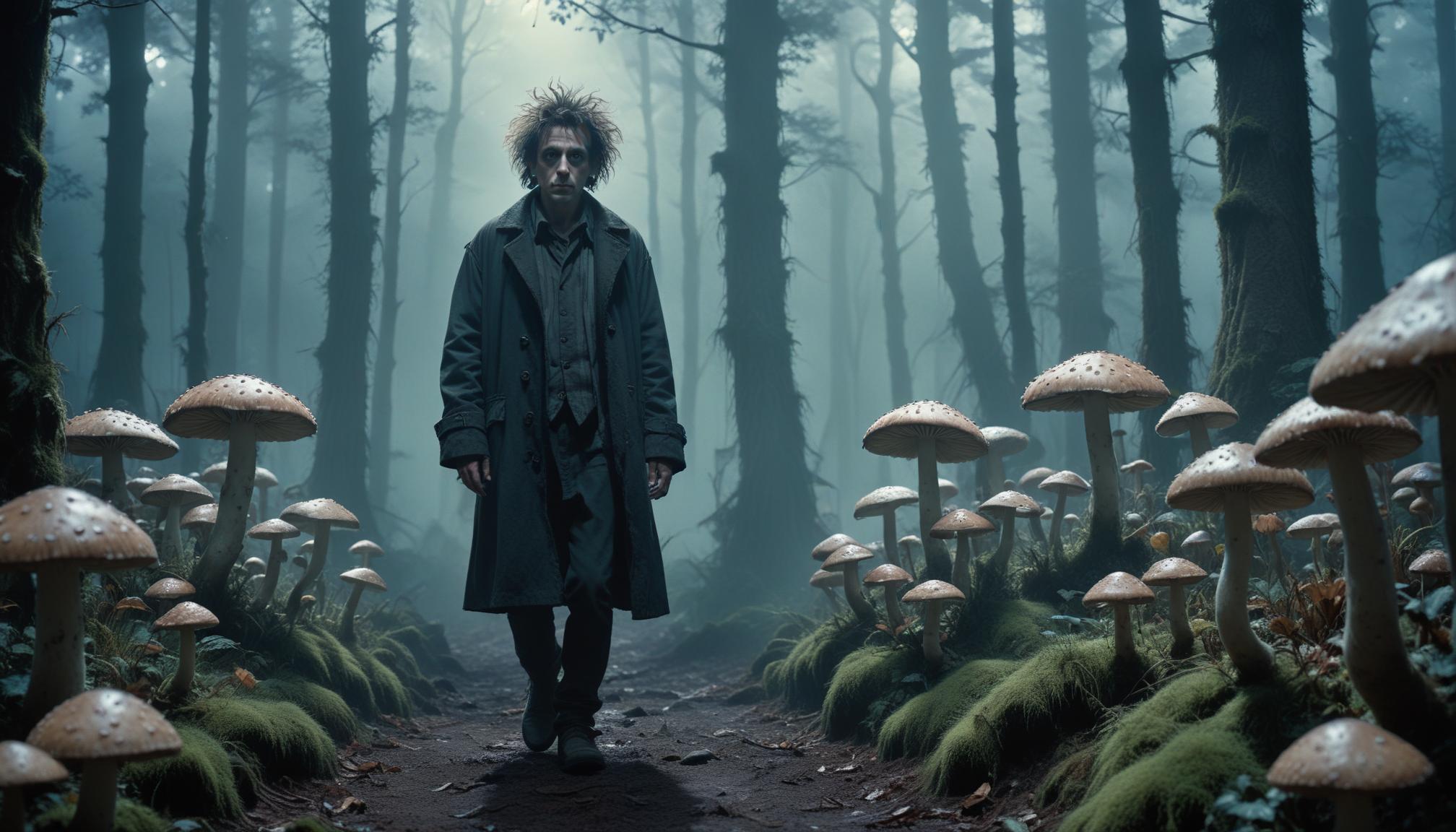 A man walks through a misty forest, surrounded by mushrooms A man walks through a misty forest, surrounded by mushrooms