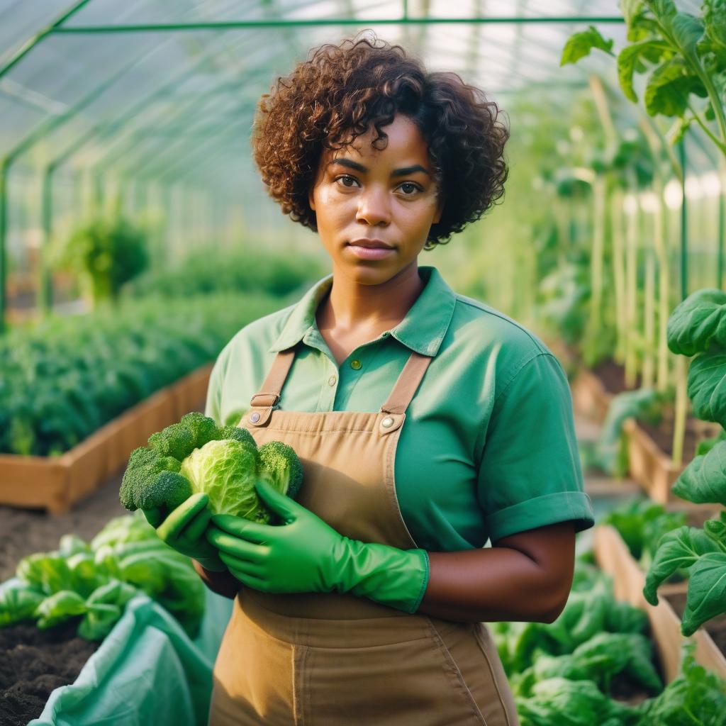 A woman holds a fresh head of broccoli in a greenhouse A woman holds a fresh head of broccoli in a greenhouse