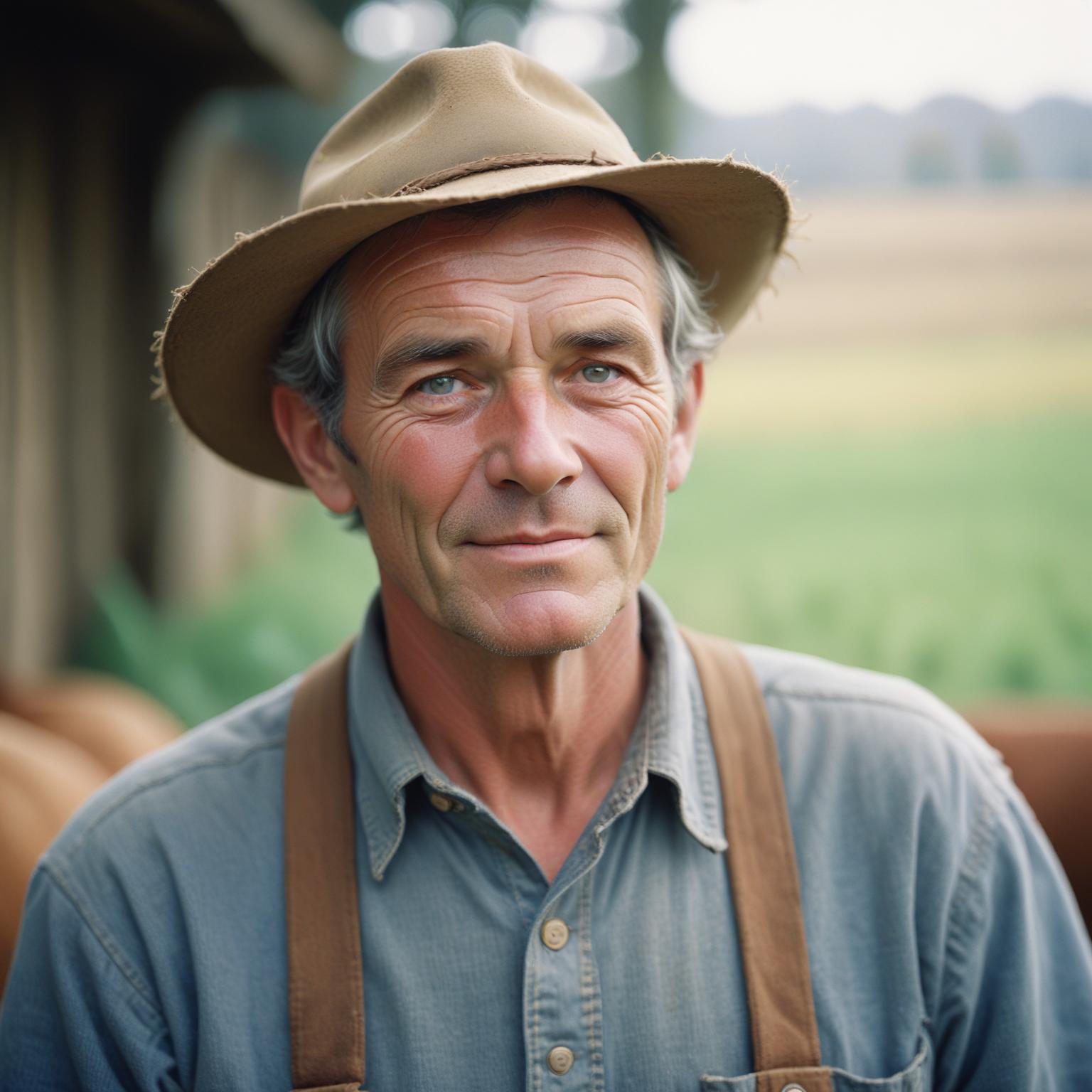 A man in a hat smiles at the camera in a field A man in a hat smiles at the camera in a field
