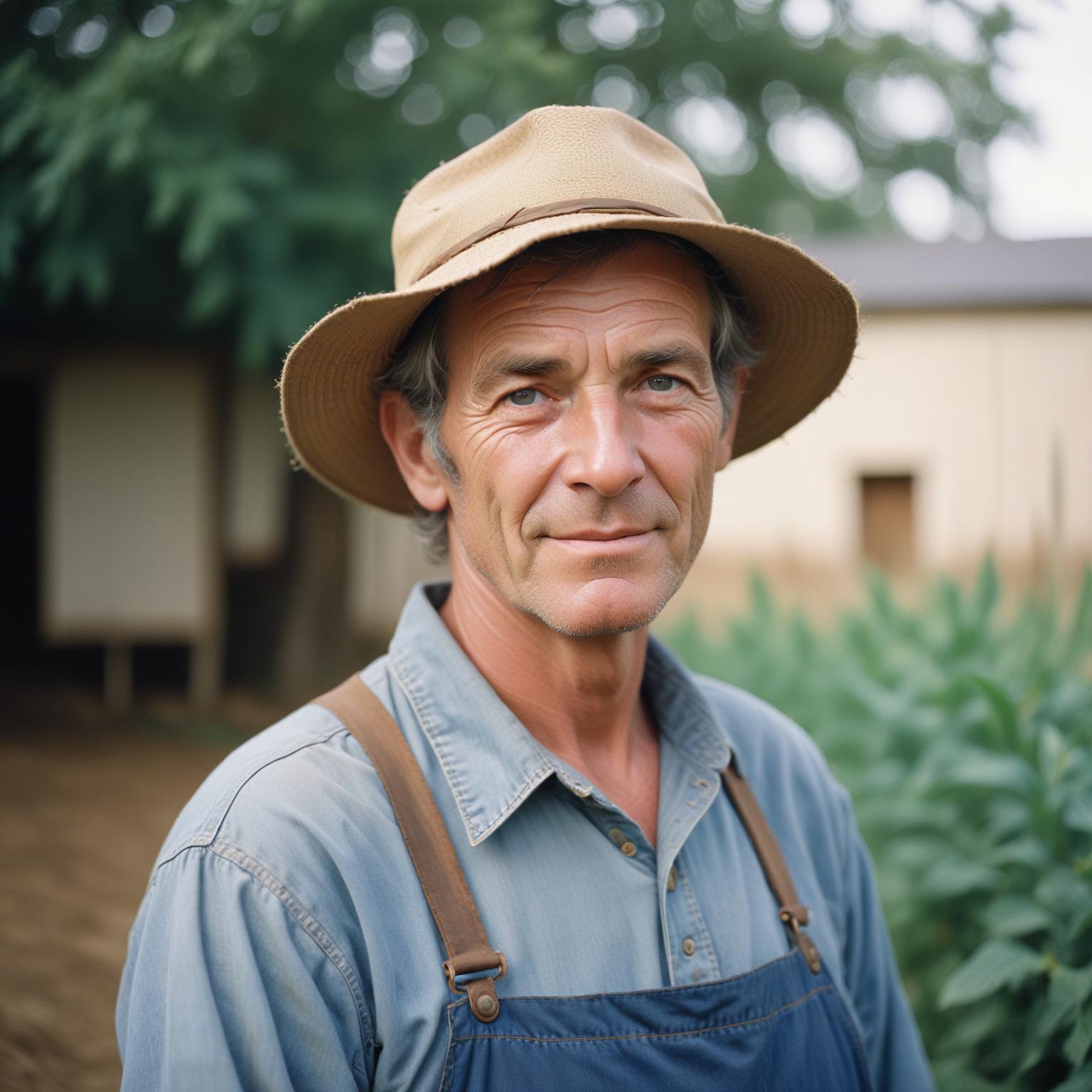 A man wearing a hat and overalls smiles at the camera A man wearing a hat and overalls smiles at the camera