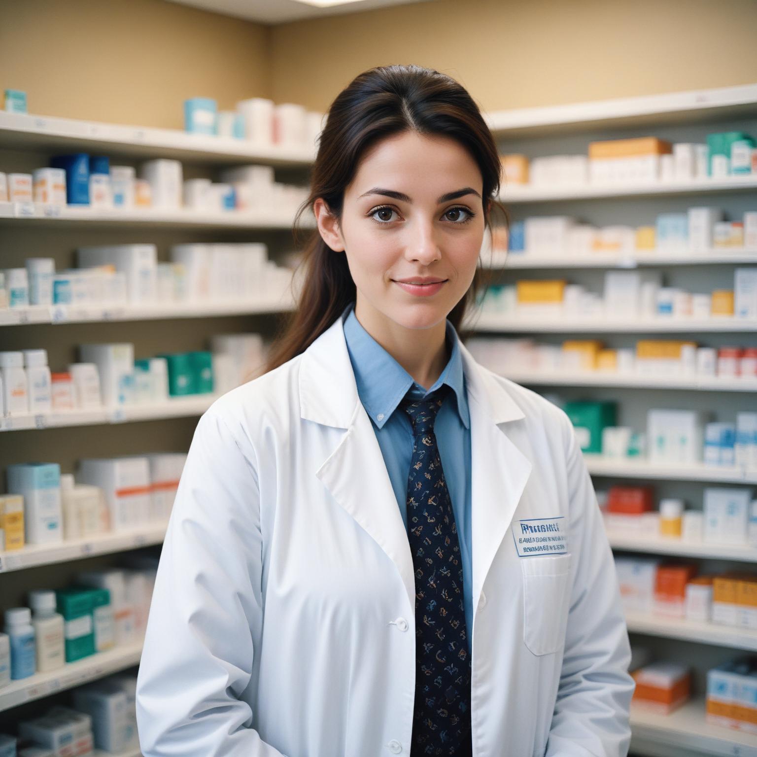 A pharmacist stands in a pharmacy A pharmacist stands in a pharmacy