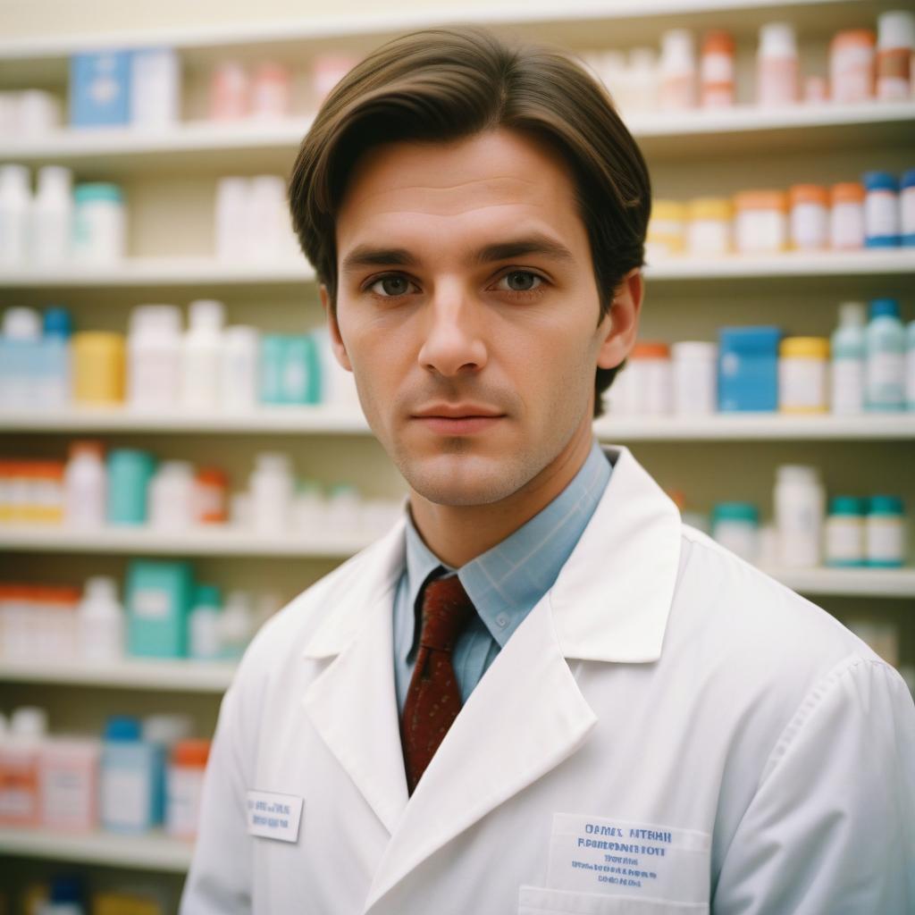 A pharmacist stands in front of shelves of medication A pharmacist stands in front of shelves of medication