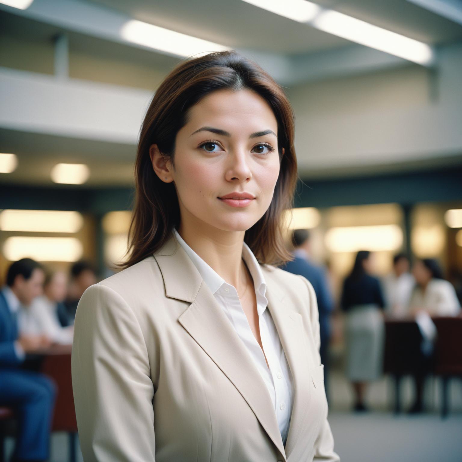 A woman in a beige blazer stands in an office setting A woman in a beige blazer stands in an office setting