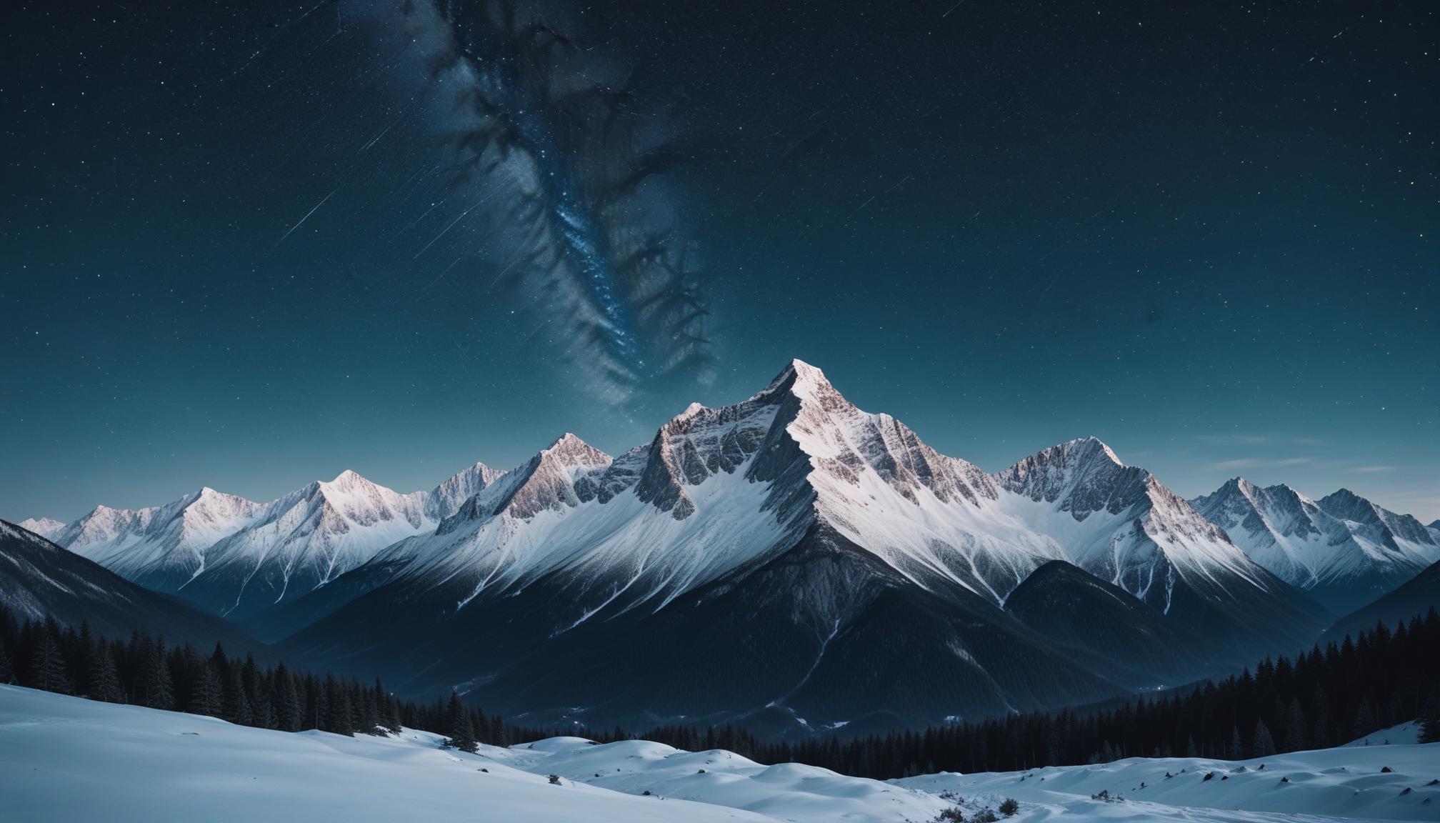 Snow-capped mountains rise under a starry night sky Snow-capped mountains rise under a starry night sky