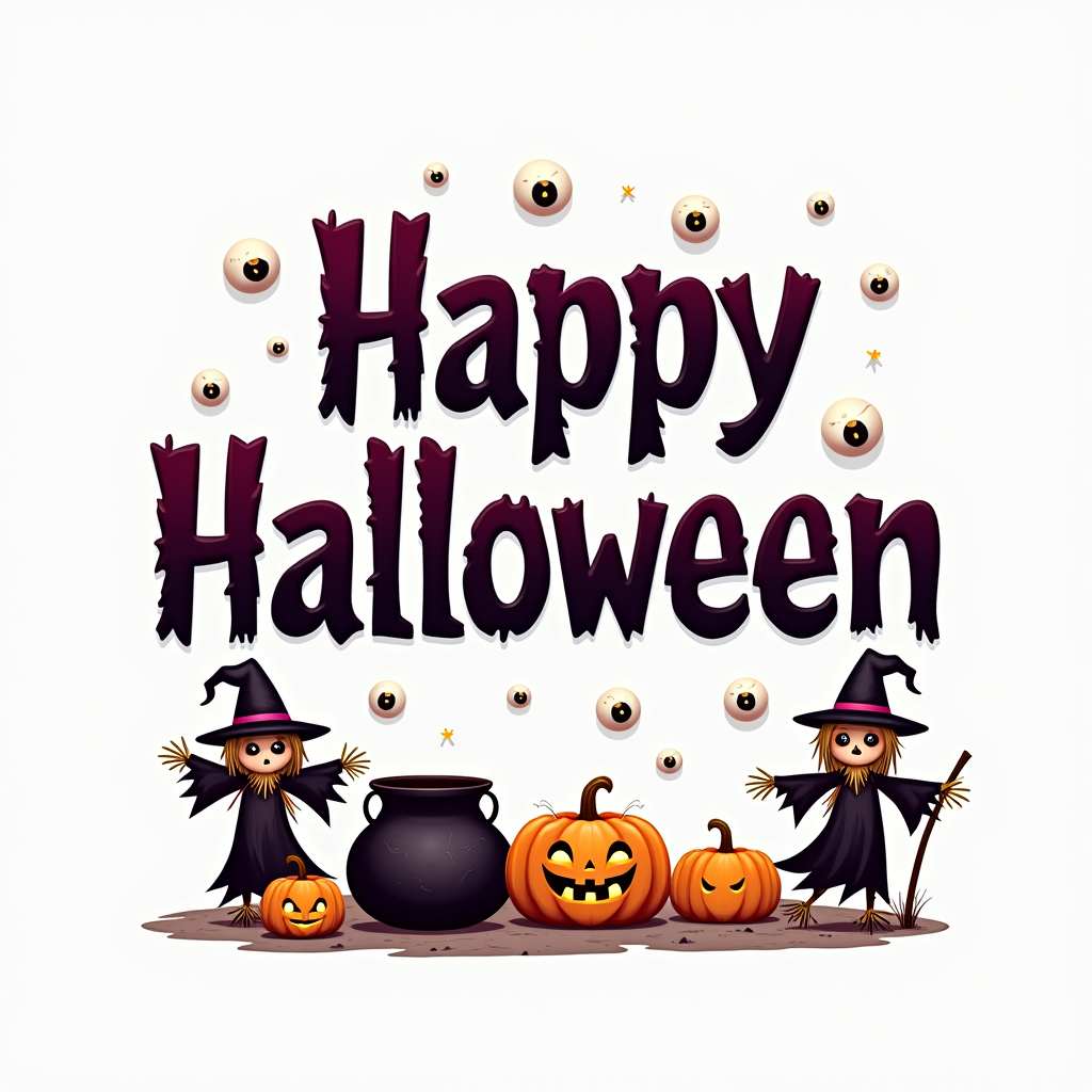 Happy halloween with witches, pumpkins, and a cauldron Happy halloween with witches, pumpkins, and a cauldron